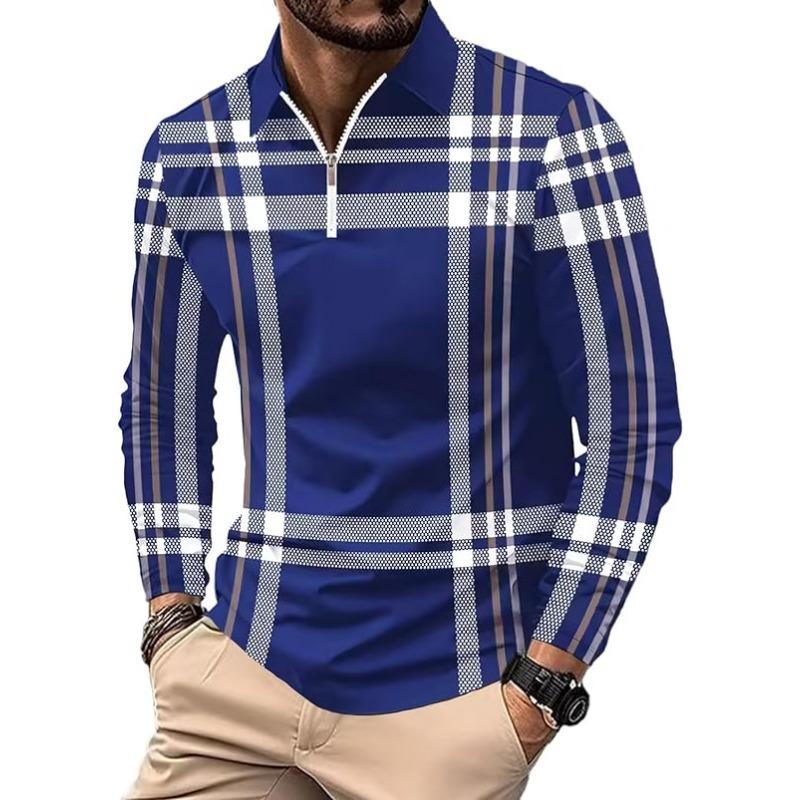 Moda e Lazer 2025 Camisa Polo Masculina de Manga Comprida com Zíper Gola Virada Trabalho de Escritório Estampa Digital