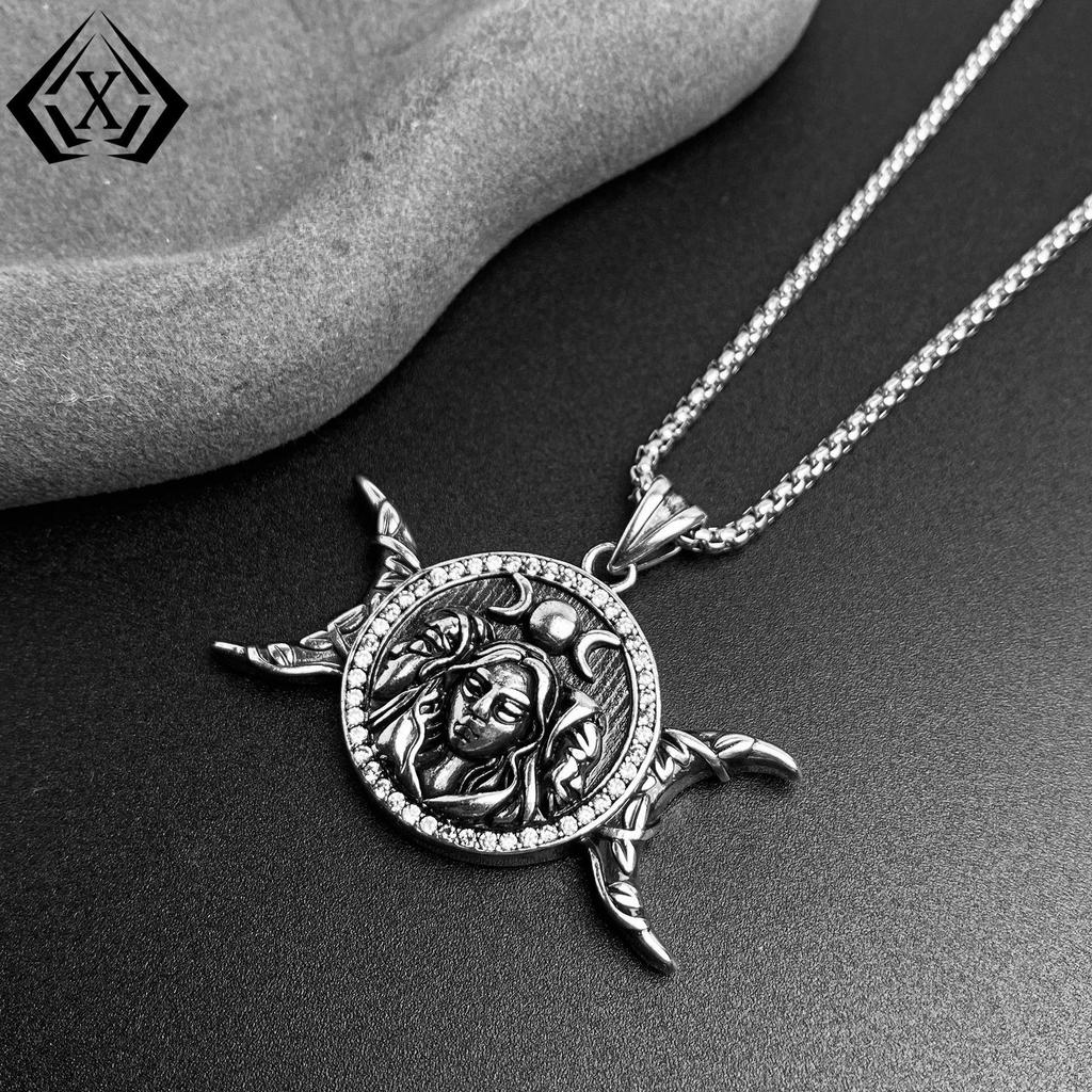 Xiweier Dark Double Moon Pendant Necklace - Unisex Style