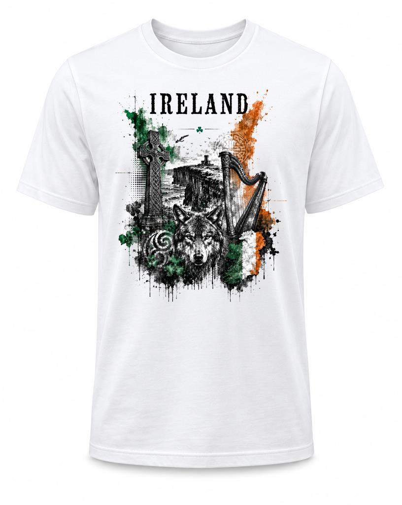 Adults Ireland Trash Water Colour Irish Celtic Wolf Unisex White TShirt 2XL