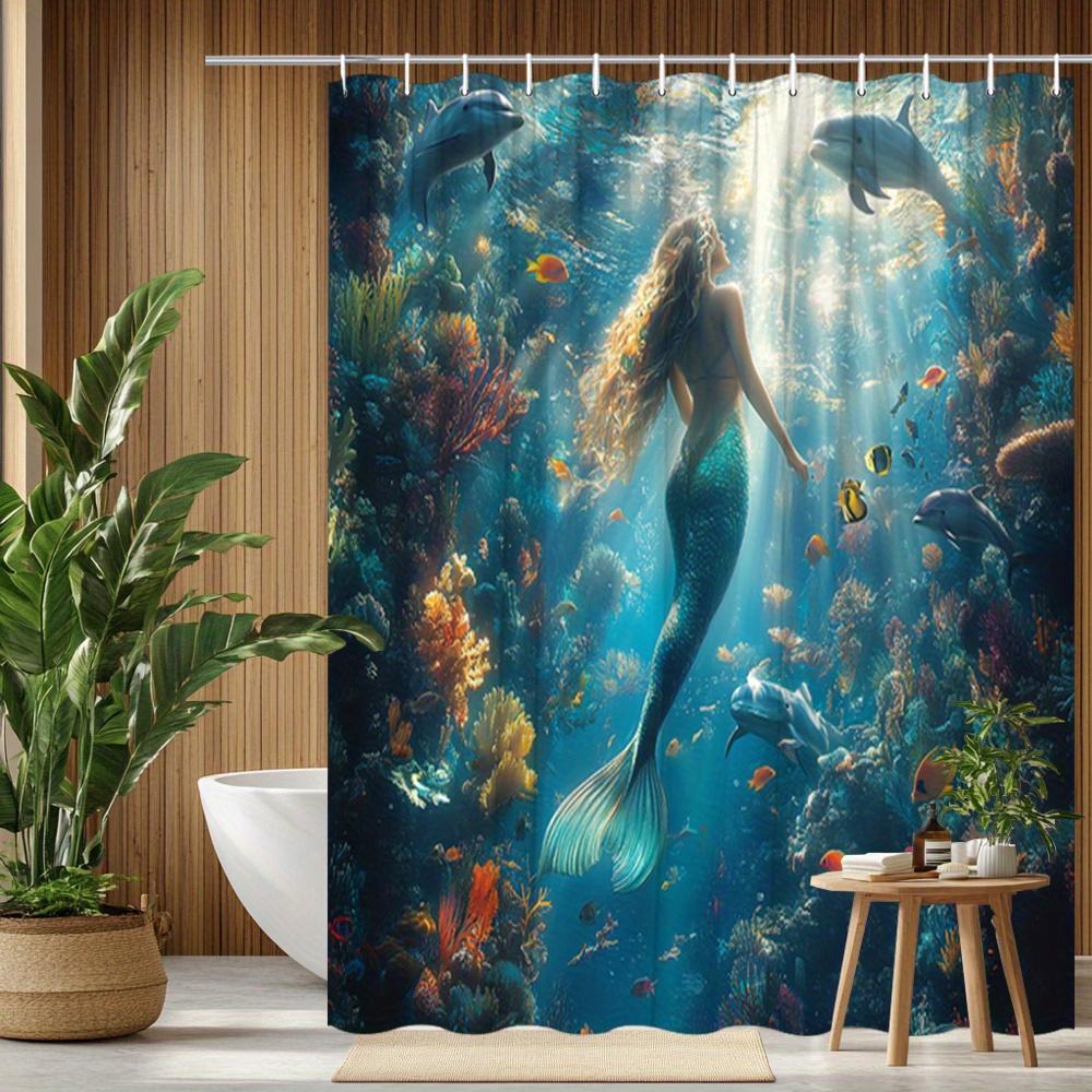 Mermaid Shower Curtain Underwater Ocean Scene Dolphins Fish Coral Reef Art Fantasy Decor Waterproof Fabric Bath Curtain Set Home 90x180CM
