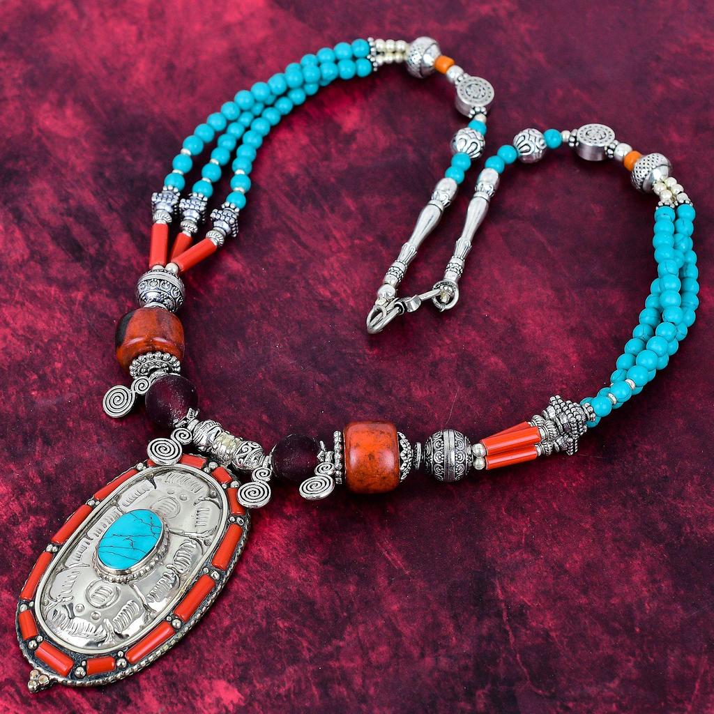 Türkis, Rote Koralle Halskette, Edelstein 925 Massiv Sterling Silber Schmuck Halskette, Handgefertigter Schmuck Geburtsstein Nepalesische Halskette, Geschenk für Ihn