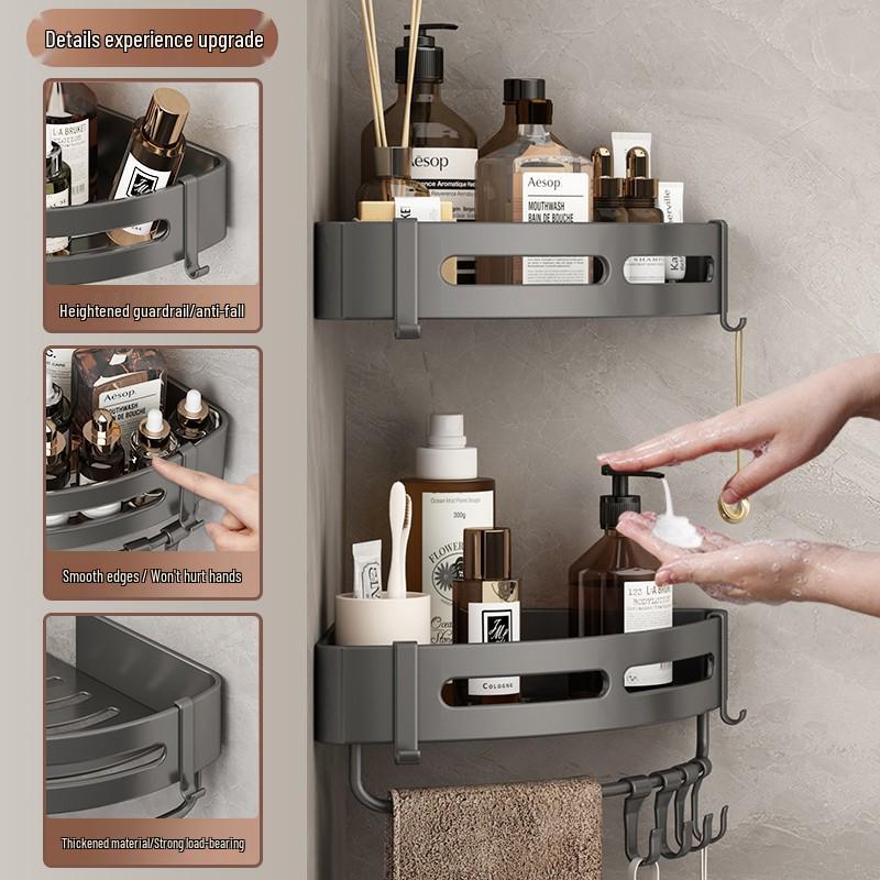 Gun Gray Punch-Free Wall-Mounted Bathroom Corner Shower Shelf