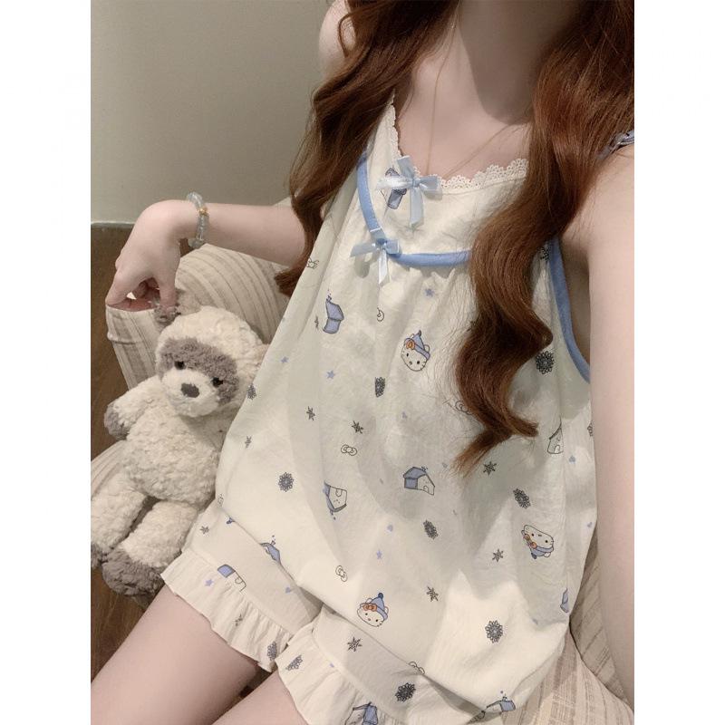Korean Style Petite Women's Pajama Set with Chest Pads and Sweet Bow Summer Camisole, Suitable for Outdoor Wear