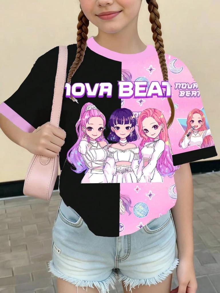 T-shirt Grafica Cartoon Kpop per Ragazze T-shirt Casual Girocollo Adatta per Ragazze Bambini Regalo Manica Corta