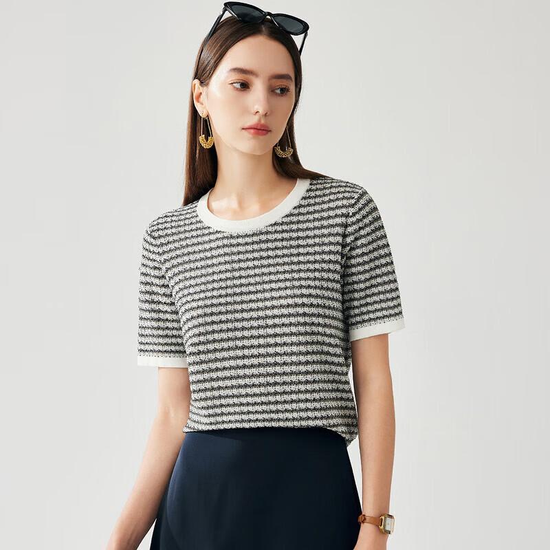 Women's Silk Blend Striped Short Sleeve Knit Top