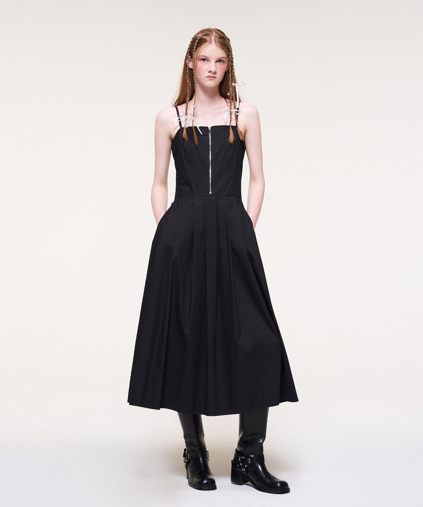 Etmont Front Zipper Pleats Slip Dress, Black