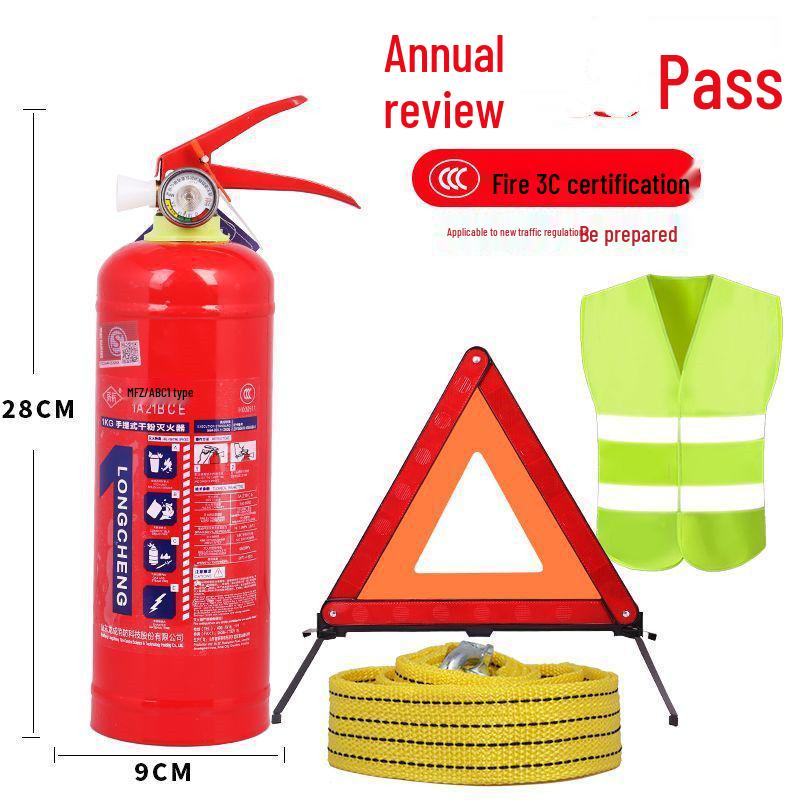 1kg Trockenpulver Handfeuerlöscher mit Feuerwarnschild und Jahresinspektionsset für Fahrzeuggebrauch
