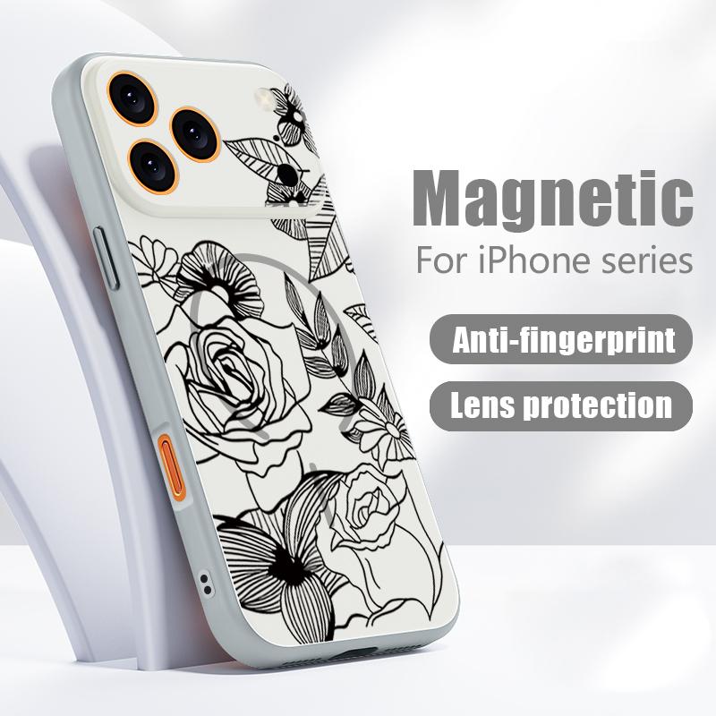 Case For iPhone 17 Pro Max Line Rose Flowers Leaves Pattern Magnetic For Magsafe Hybrid Slim Matte Cover For iPhone 16 15 14 13 Pro Max