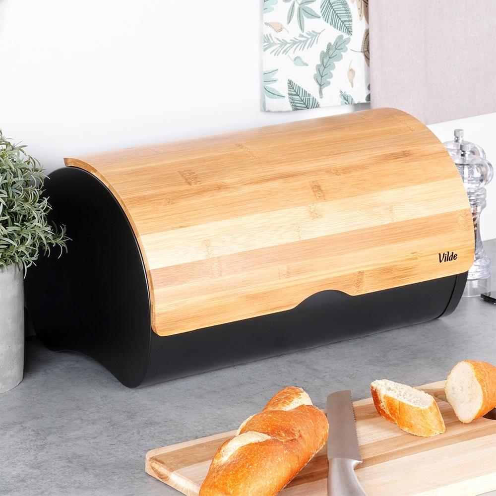 Black Metal Bamboo Bread Bin Kitchen Container for Bread