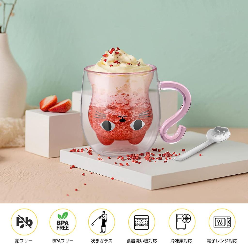 ecooe Double Wall Glass Cute 280ml Condensation Free Cat Double Wall Glass Cup Birthday Gift for Women Borosilicate Heat Resistant Glass Cup Stylish
