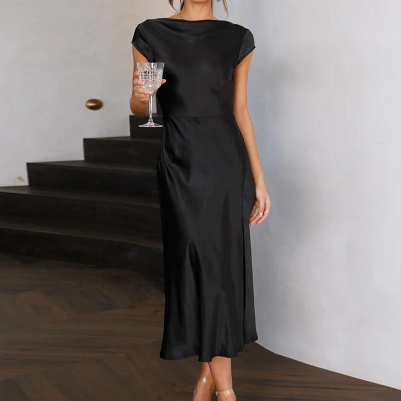 2026 Summer Womens Sexy Dress Elegant Solid Satin Swinging Neck Short Sleeve Dress Back Twisted Hollow Mid Length Dresses 28311