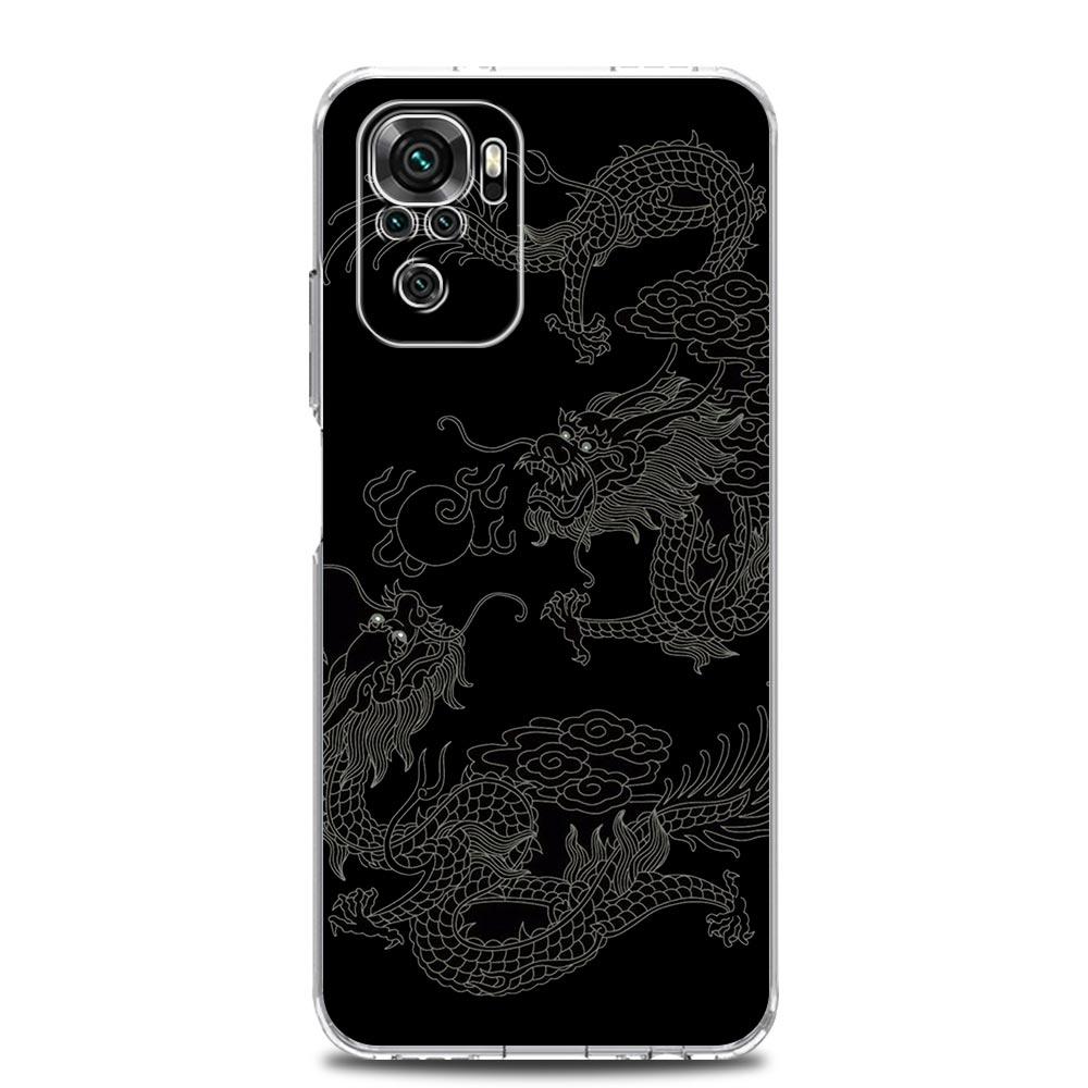 Clear Soft Phone Case For Xiaomi Redmi Note 12 11 9S 9 8 10 Pro+ 7 8T 9C 9A 8A K40 Gaming Cover Dragon Flower Grass Line Art