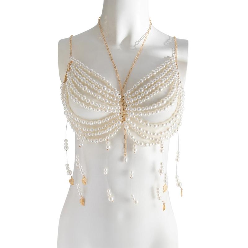 Unique Designs Elegant Pearls Body Jewelry Bra Chain Soft Fabric Decorative Accessory for Bolds Fashionable Statement