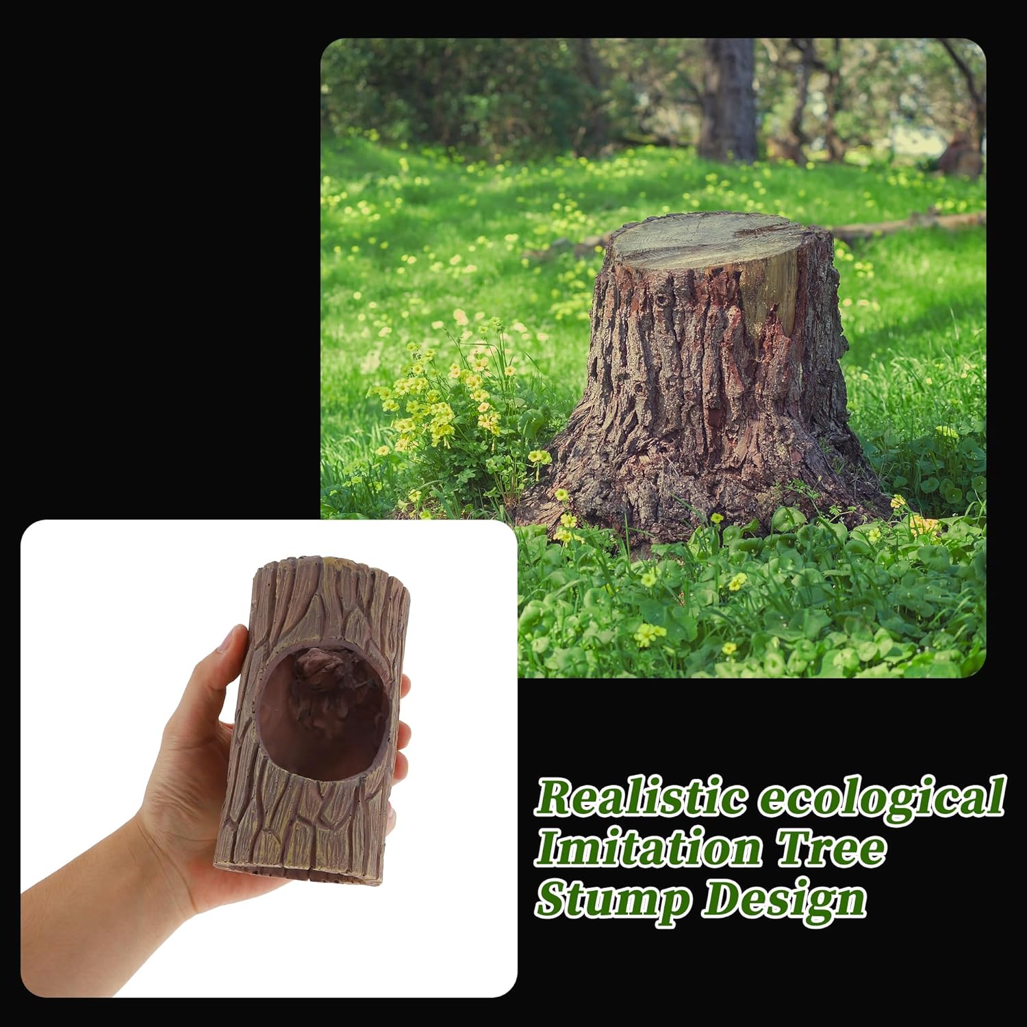 Reptile Hide, Resin Hollow Tree Trunk Hideout, Reptile Hide Cave with 2pcs Suction Cup, Reptile Hide Tank Accessories for Lizard, Gecko, Hermit