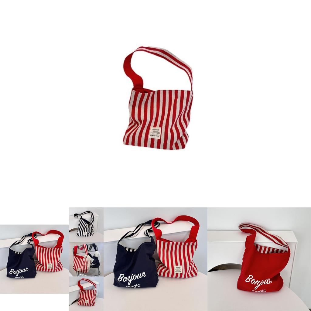 Fashionable Striped Canvas Tote Bag With Single Shoulder Strap For Casual Outings