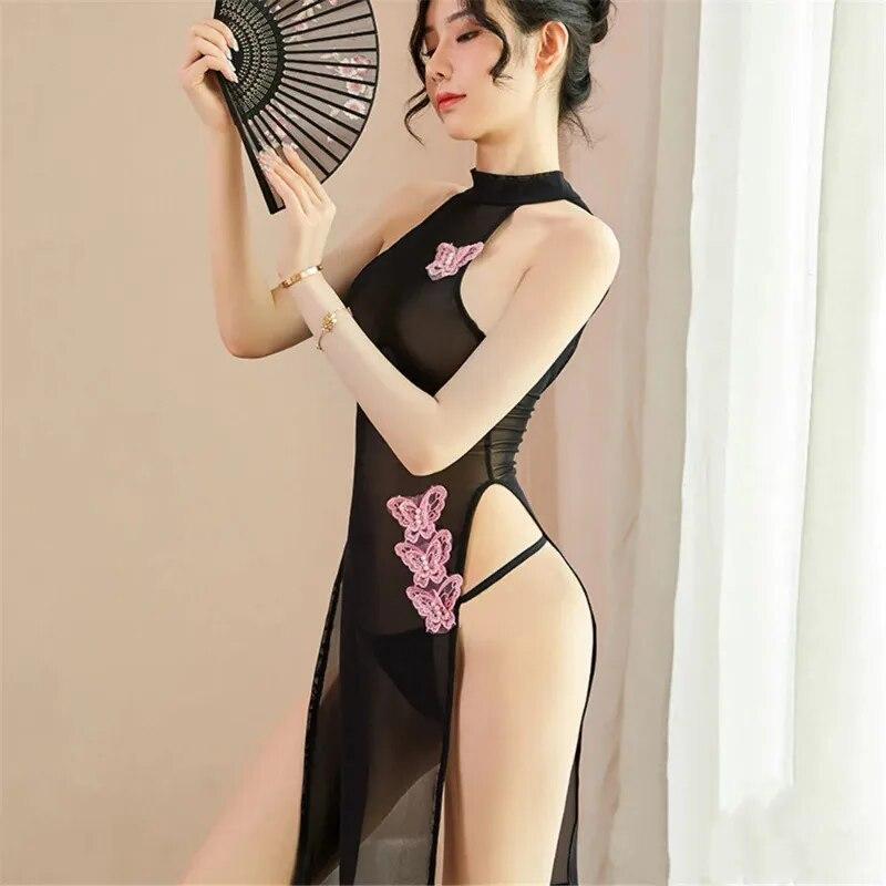 Sexy Chinese Style Butterfly Embroidery Cheongsam See-Through Classical Uniform Elegance Side Hollow Out Dress Lingerie Set Hot