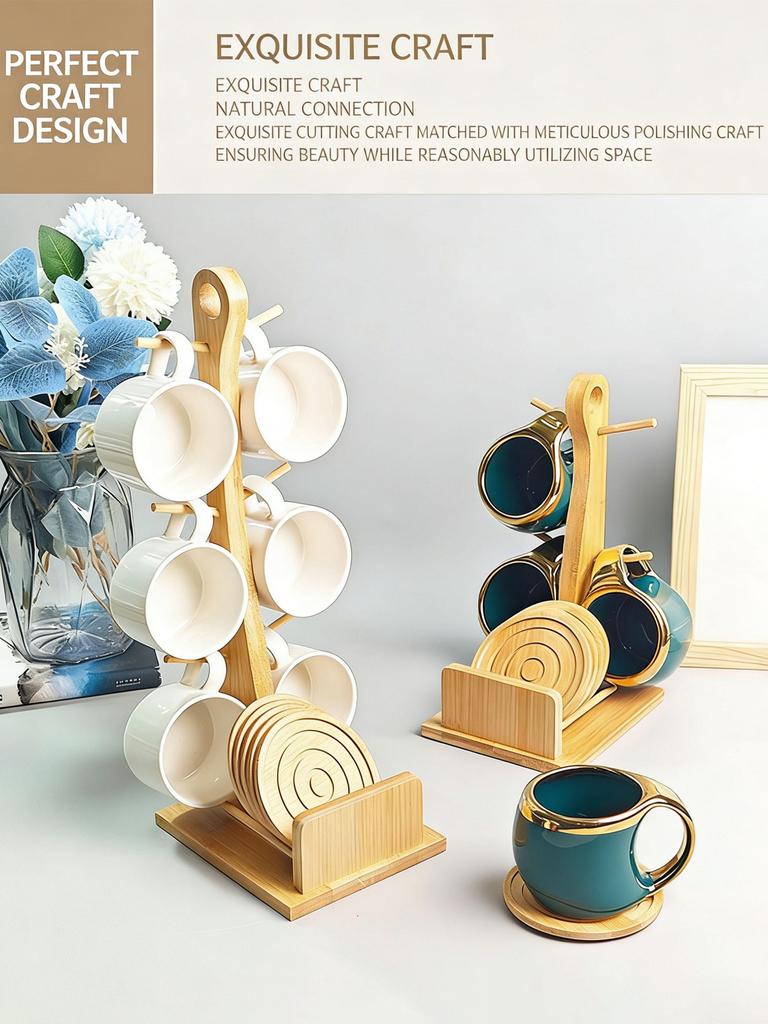 Nordic Style Ceramic Coffee Mug Set with Natural Bamboo Tree Cup Holder and Non-slip Coasters Stylish Kitchen Organizer for Tea and Coffee Home Decor