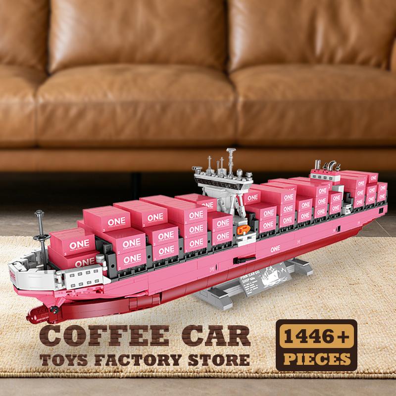 Non-Toxic Diy 3D Bricks Puzzle Pink Cargo Ship 1446Pcs Container Boat Assembly Model Kits Vessels Building Blocks Toys Adult Birthday Gift