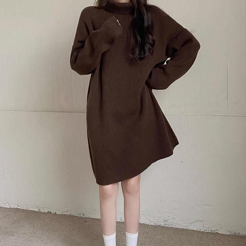 Korean Style High Neck Loose Sweater Dress - Petite Medium Length, Autumn/Winter
