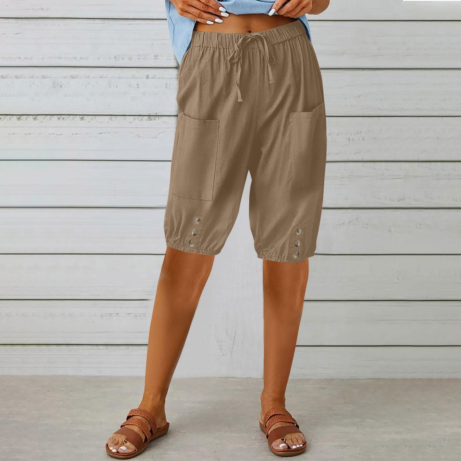 

Брюки-капри для женщин, льняные полубрюки с высокой талией, повседневные шорты до колена на шнурке с карманами XXXL хаки