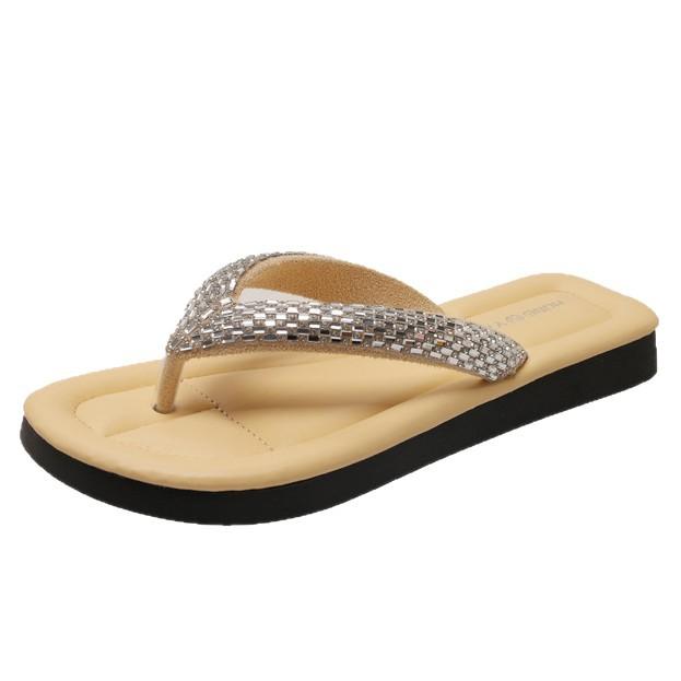 Zehensandalen Damen 2025 Sommer neu retro Französisch Strass bequem Temperament flacher Boden Mopp mit Rock Strandmopp