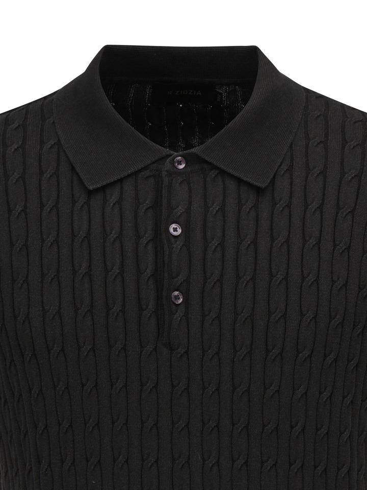 ZIOZIA Men'S) Garment-Washed Cotton Cable Short Sleeve Polo Shirt_Black