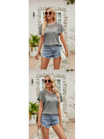 European and American Women's Solid Color Mesh Ruffle Short Sleeve T-shirt