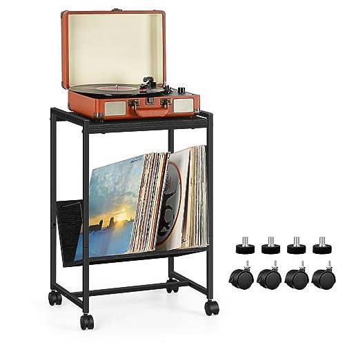 Record Player Table,2 Tier Record Player Stand,Vinyl Record Stand Storage with 4 Wheels, Turntable Stand for Bedroom Living Room