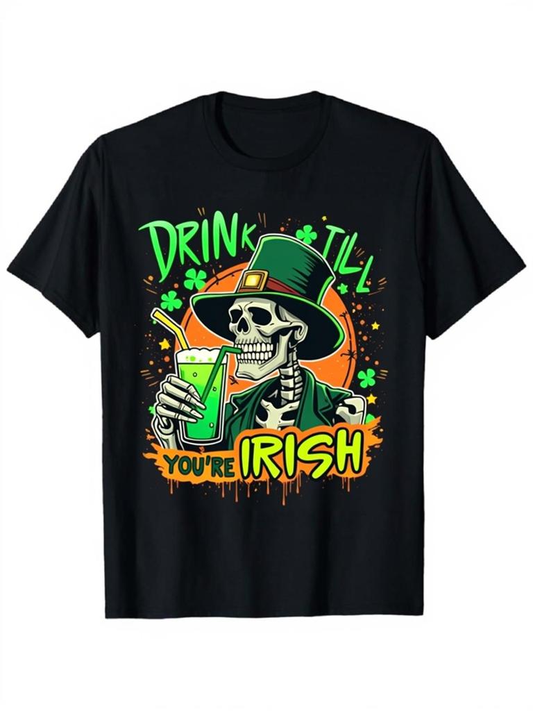 Skeleton Drinking Green Beer St Patricks Day Graphic Tee Men Casual Cotton Crew Neck T-Shirt