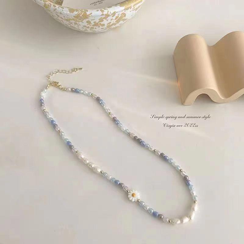 Dopamine Color Pearl Flower Necklace Women'S Summer Light Luxury Clavicle Chain Temperament Design Necklace
