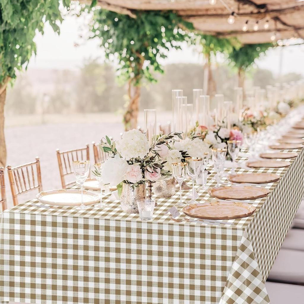 Hallswl 3pcs Khkai Gingham Tablecloth,Brown Beige Checkered Tablecloths Buffalo Plaid Disposable Plastic Table Covers for Birthday Baby Shower Bridal