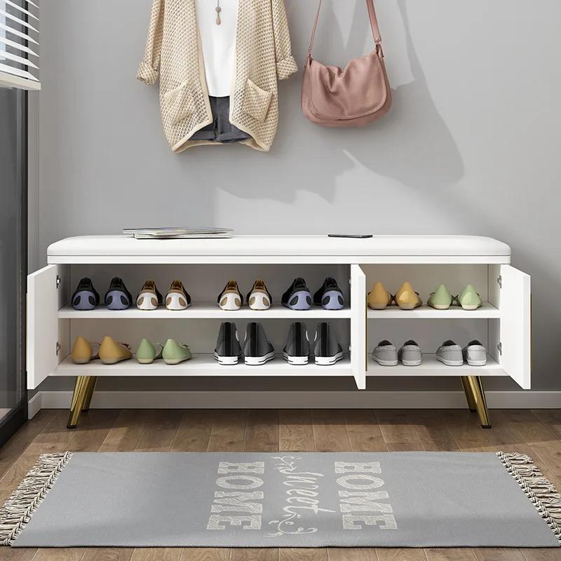 White Light Luxury Shoe Cabinets Minimalist Metal Shoe Rack Sitting Shoe Changing Stool Shoes Organizer Space Saving Furniture