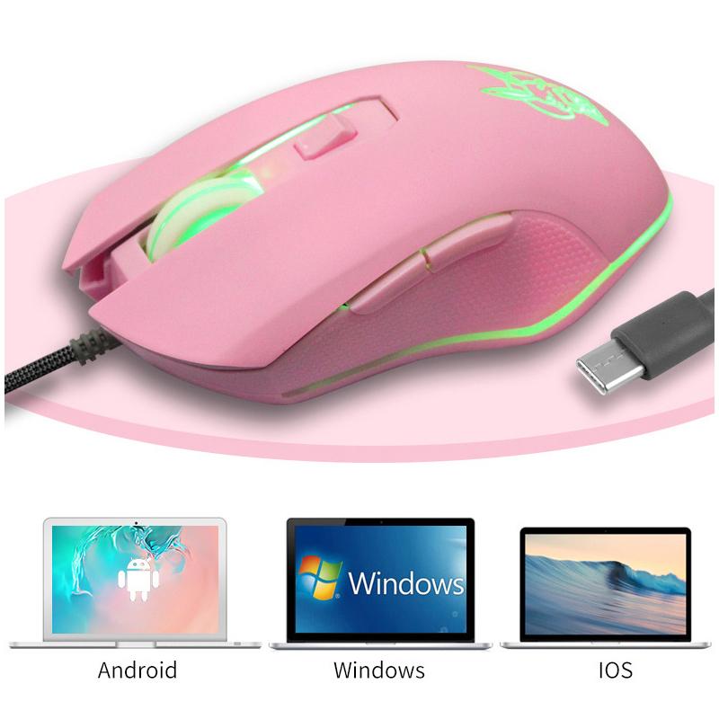 RYRA USB-Typ-C-Maus mit Kabel, bunt, leuchtende Gaming-Maus, neu, rosa, niedlich, Kaqiu-Maus, optische Maus, schillernder Gamer, rosa, süß