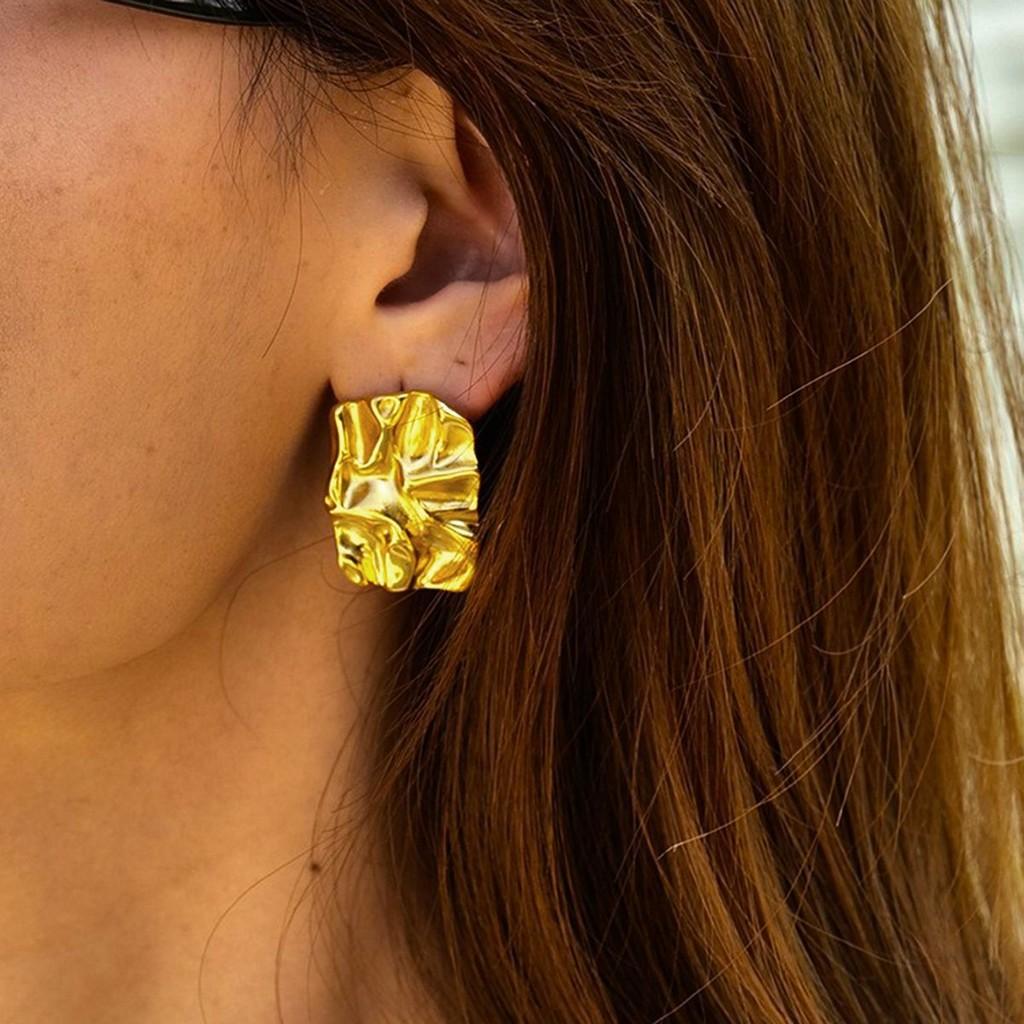 18k Chic Gold And Silver Titanium Steel Earrings Featuring Modern Hammered Texture