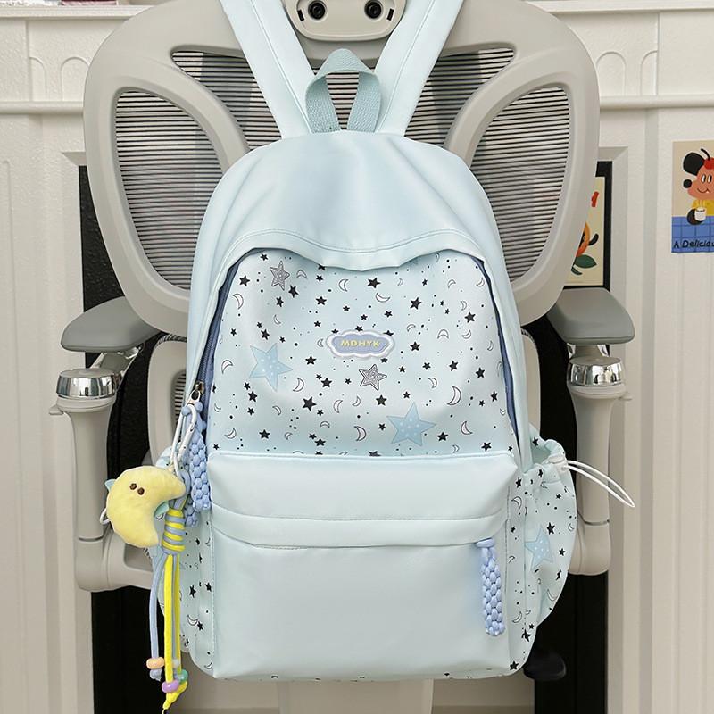 Nylon Girl Backpack With Star Print And Moon Pendant For Casual Travel
