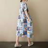 Real Shot Summer New Fat Mm Cotton and Linen Retro Flower Literary Over The Knee Medium and Long Dress Women