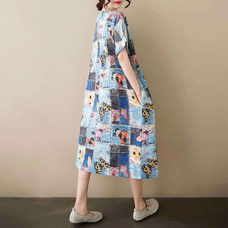 Real Shot Summer New Fat Mm Cotton and Linen Retro Flower Literary Over The Knee Medium and Long Dress Women