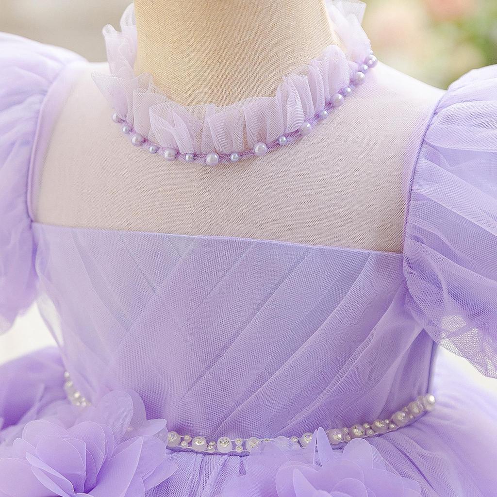 Vestido de Primera Comunión de Princesa con Flores 3D para Niñas - Falda de Malla Abullonada para Actuación de Piano