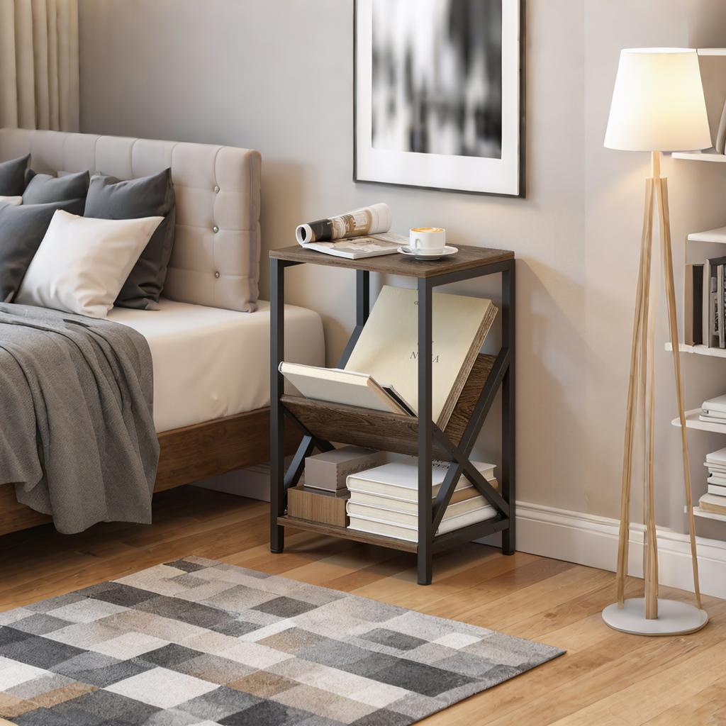 Narrow Side Table, End Table with 3-Tier Storage, V-Shaped Magazine Holder for Living Room, Bedroom, 40 X 30 X 61cm, Oak