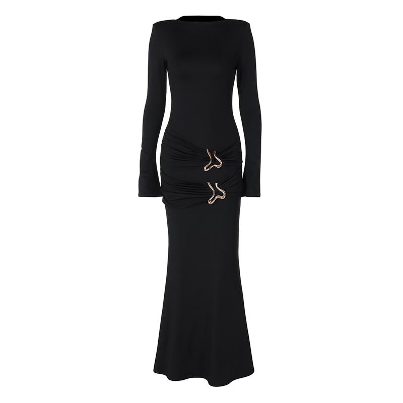Elegant Ruched Maxi Dress for Women Fashion Sexy Long Sleeve Autumn O-neck Evening Party Dresses