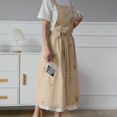 Cross Back Cooking Apron Breathable Retro Cotton Embroidered Bib Apron for Home