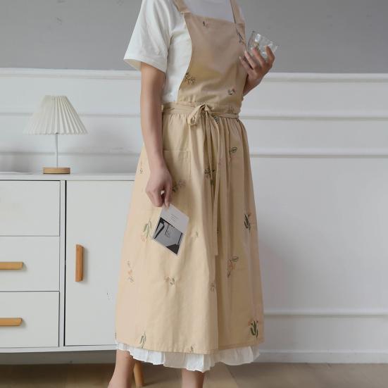 Cross Back Cooking Apron Breathable Retro Cotton Embroidered Bib Apron for