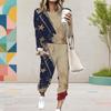 Women Plus Size Round Neck Long Sleeve Printed Two Piece Set Cuffed Top Cuffed Pants With Pockets