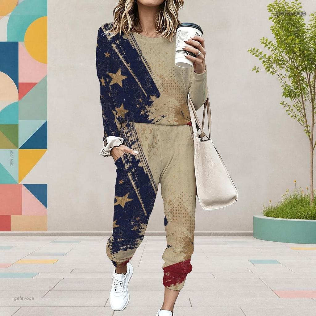 Women Plus Size Round Neck Long Sleeve Printed Two Piece Set Cuffed Top Cuffed Pants With Pockets
