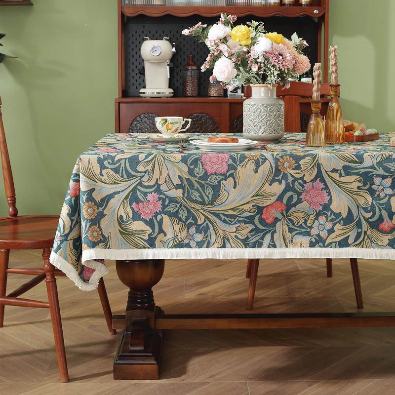 Retro Polyester Cotton Color Woven Jacquard Plant Fan-Shaped Flower Fringed Tablecloth Rectangular Coffee Table Tablecloth Dining Table Cloth