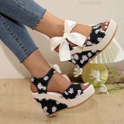 Plus Size 35-42 Bohemian Platform Wedge High Heel Peep Toe Sandals Chunky Sole Floral Print Ribbon Beach Shoes for Women