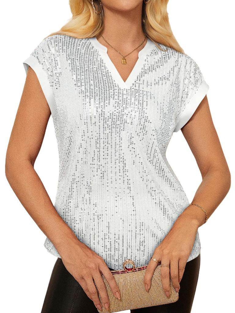 Women's Summer New Fashion Shiny Sequins V-Neck Short Sleeve Party Top Blouse for Women