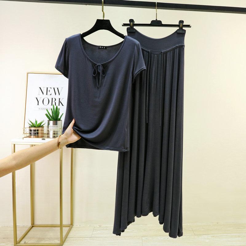 Damen Sommer Modal Schlafanzug Sets Übergröße M bis 6XL Krawattenhals Kurzarm T-Shirt und Kordelzug Hoher Bund Langer Rock Lässige Mode 2-teiliges Set