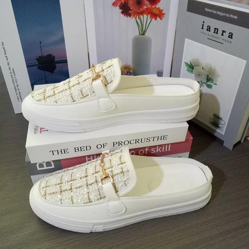 

Модная женская обувь 2025 Горячая распродажа Женские тапочки с закрытым носком Повседневные тапочки Женские Металлическая отделка Платформа Балетки Женские 35 белый