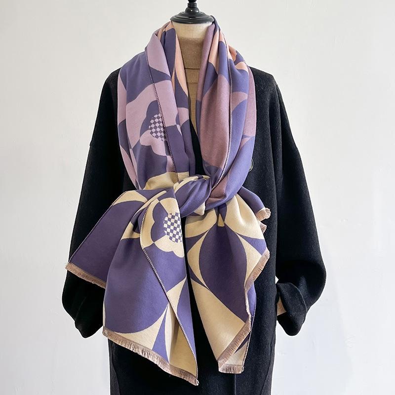 Plant Flower Square Color Matching Simple Fashion Elegant Atmosphere Imitation Cashmere Warm Scarf Shawl Women